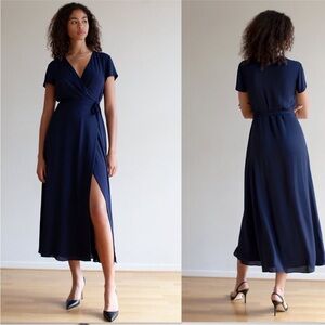 Aritzia Navy Wrap Dress with Side Slit